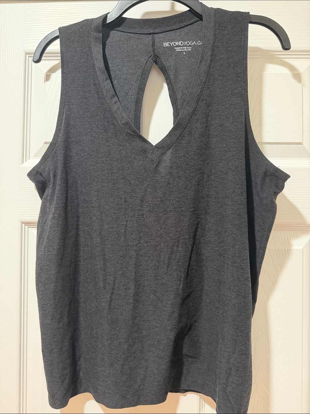 Beyond Yoga: Charcoal Gray V-Neck Keyhole upper back and slit lower back.